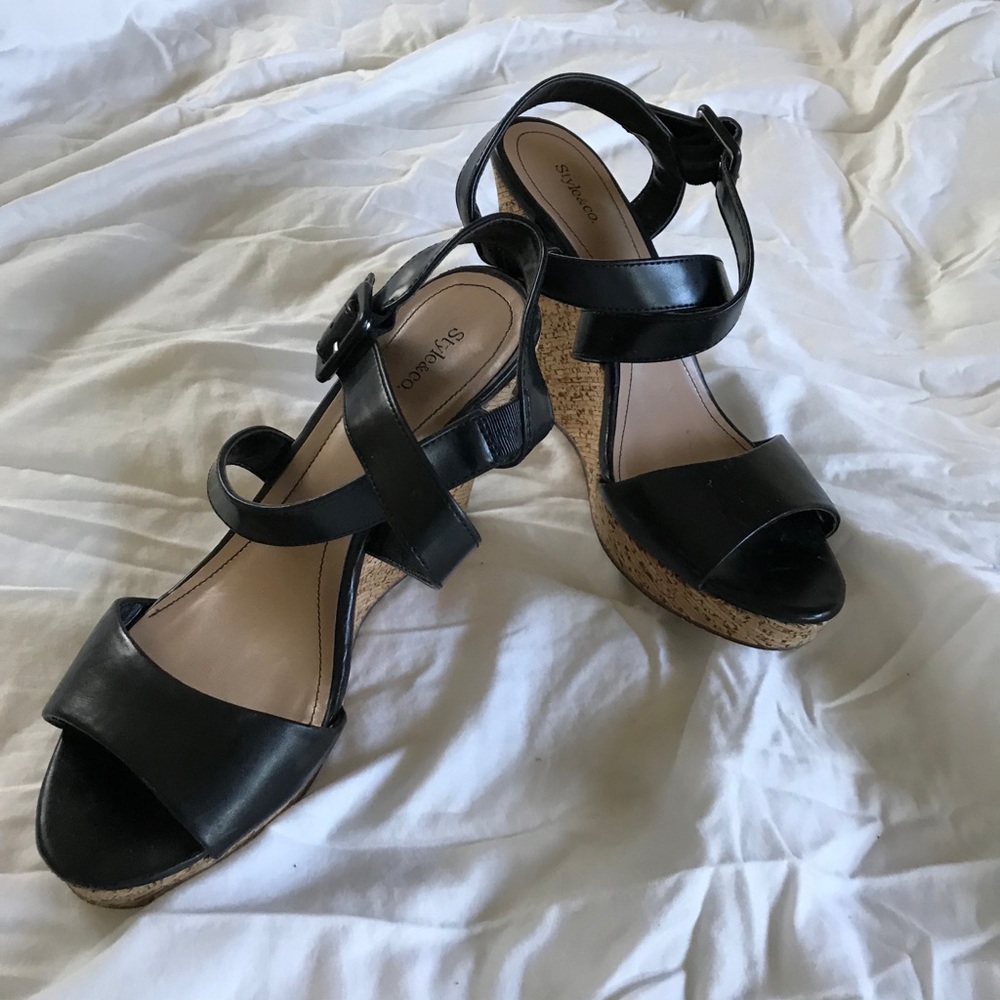 Black leather wedges/heels